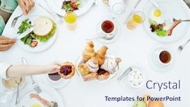  Presentation with meals - Slide set consisting of served table with meals and snack for breakfast background and a sky blue colored foreground