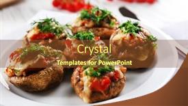  Presentation with served - PPT theme featuring served table with stuffed mushrooms on white wooden background close-up background and a tawny brown colored foreground