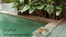  Presentation with tropical fruit - Cool new PPT layouts with served-tray-with-fruit-plate backdrop and a ocean colored foreground