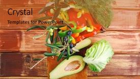  Presentation with fresh avocado - Theme featuring served with peppers on wood background and a red colored foreground