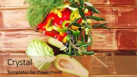  Presentation with fresh avocado - Theme consisting of served with peppers on wood background and a  colored foreground