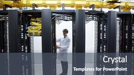  Presentation with mining - Presentation theme enhanced with server farms - young man in whitecoat repairing background and a ocean colored foreground