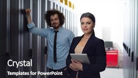  Presentation with data center - Amazing PPT theme having server room to female chief backdrop and a dark gray colored foreground