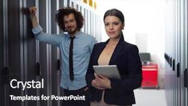  Presentation with data center - Colorful presentation design enhanced with server room to female chief backdrop and a  colored foreground