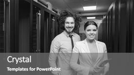  Presentation with data center - Presentation design enhanced with server room to female chief background and a  colored foreground