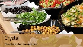  Presentation with food service - PPT theme having event catering service - buffet style food background and a gold colored foreground