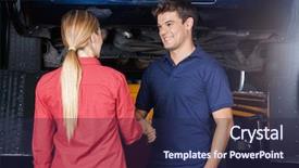  Presentation with mechanic - PPT theme featuring service agreement - smiling mechanic shaking hand background and a wine colored foreground