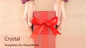  Presentation with gift - Beautiful presentation featuring service anniversary - woman holding parcel gift box backdrop and a coral colored foreground