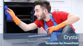  Presentation with cleaning - Slide deck featuring service apartment - man cleaning oven background and a ocean colored foreground