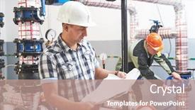  Presentation with industrial engineer - Slide deck consisting of service blueprint - construction engineer worker at industrial background and a coral colored foreground