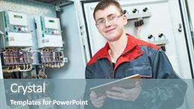  Presentation with electronic switch - Colorful slide set enhanced with service blueprint - electrician smiling near switch box backdrop and a seafoam green colored foreground