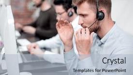  Presentation with employees - Colorful theme enhanced with service blueprint - employees with a headset backdrop and a light blue colored foreground