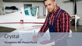 Presentation with hangar - Presentation theme enhanced with service blueprint - handsome aircraft engineer reading construction background and a light blue colored foreground