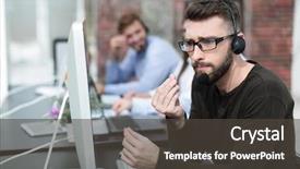  Presentation with computers - Cool new presentation theme with service blueprint - man with headset sitting backdrop and a dark gray colored foreground