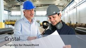  Presentation with factory - Audience pleasing PPT layouts consisting of service blueprint - people at work backdrop and a light blue colored foreground