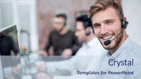  Presentation with staff - PPT layouts with service blueprint - smiling business center staff sitting background and a sky blue colored foreground