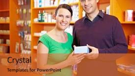  Presentation with pharmacy - Presentation theme enhanced with service clientele - happy couple buying some medicine background and a red colored foreground