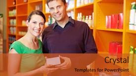  Presentation with medication therapy management - Presentation theme consisting of service clientele - happy couple shopping for medication background and a red colored foreground