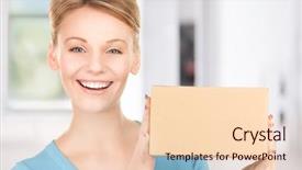  Presentation with office - Audience pleasing PPT theme consisting of service delivery - picture of businesswoman with parcel backdrop and a lemonade colored foreground