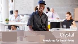  Presentation with courier business analysis - Amazing presentation design having service delivery - portrait of courier collecting package backdrop and a coral colored foreground