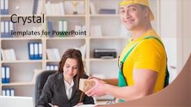  Presentation with office farewell - Theme enhanced with service delivery - postman delivering parcel background and a soft green colored foreground