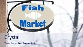  Presentation with signboard - PPT theme having service design food shop - signboard of fish market outdoor background and a sky blue colored foreground