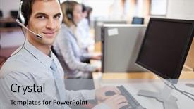  Presentation with call center reporting - Slides having computer in a call center background and a  colored foreground