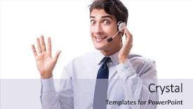  Presentation with brain waves mobile 2 headset - Slide set with offshoring marketing - man with headset isolated background and a light blue colored foreground