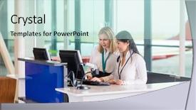  Presentation with reservation counter - Amazing PPT layouts having computer at counter in airport backdrop and a sky blue colored foreground