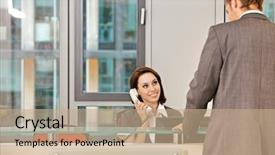  Presentation with secretary - Slide set featuring front desk clerk - young caucassian secretary assisting businessman background and a coral colored foreground