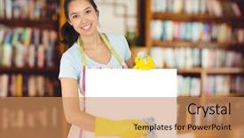  Presentation with cheerful - Amazing PPT theme having library cleaning - cheerful woman wiping down white backdrop and a coral colored foreground