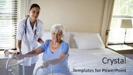  Presentation with doctor helps to get out of bed an elderly woman - Slides with female doctor helping senior woman background and a  colored foreground