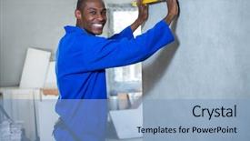  Presentation with handyman - Cool new presentation theme with happy handyman measuring a wall backdrop and a light blue colored foreground