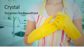  Presentation with rubber gloves - Amazing slide deck having mid section of woman removing yellow rubber gloves in kitchen backdrop and a light blue colored foreground
