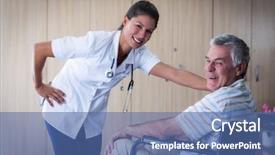  Presentation with senior living - PPT theme enhanced with portrait of smiling senior man and female doctor in living room at home background and a ocean colored foreground