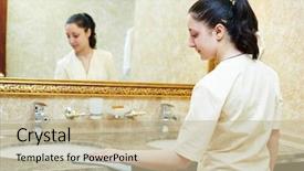  Presentation with hotel housekeeping - Presentation design with service female housekeeping worker cleaning background and a mint green colored foreground