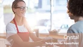  Presentation with waitress - PPT theme having service food beverages - smiling waitress serving a coffee background and a coral colored foreground
