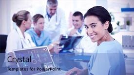  Presentation with human body - Presentation theme consisting of caring services - beautiful smiling doctor typing background and a light blue colored foreground