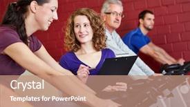  Presentation with spinning - PPT theme having female fitness trainer helping woman background and a coral colored foreground