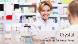  Presentation with pharmacy - Presentation theme featuring retail services - pharmacist sells the medicine background and a lemonade colored foreground