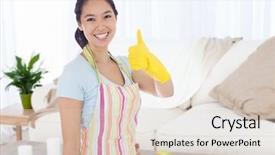  Presentation with dark flower - Amazing theme having service innovation - woman in cleaning clothes giving backdrop and a  colored foreground