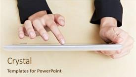  Presentation with service learning - Colorful PPT theme enhanced with service learning - female hands holding a tablet backdrop and a lemonade colored foreground