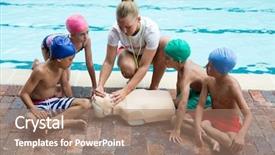  Presentation with service learning - Colorful slide deck enhanced with service learning - female lifeguard giving rescue training backdrop and a coral colored foreground