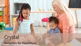  Presentation with nanny - Colorful presentation design enhanced with service learning - female mature nanny with little backdrop and a coral colored foreground