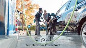  Presentation with cleaning service - Slide set having service man helping woman cleaning her auto in car wash with nozzle background and a light gray colored foreground