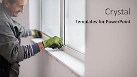  Presentation with man power service - Colorful presentation design enhanced with service-man-installing-window backdrop and a light gray colored foreground