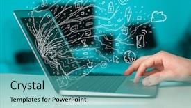  Presentation with cyber stalking computer laptop suffering - Audience pleasing slides consisting of service marketing - man pressing notebook laptop computer backdrop and a teal colored foreground