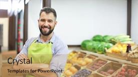  Presentation with monopoly and market competition in economics - Amazing presentation theme having service marketing - seller in apron at market backdrop and a coral colored foreground