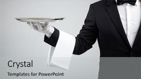  Presentation with waiter - Audience pleasing PPT layouts consisting of service marketing - waiter holding empty silver tray backdrop and a light gray colored foreground