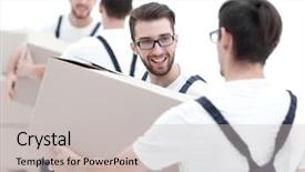  Presentation with boxes - Colorful slide deck enhanced with service others - photo workers pass each other backdrop and a  colored foreground